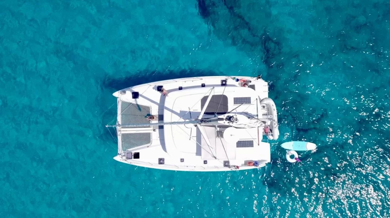 Aerial photo of a catamaran gliding over turquoise waters