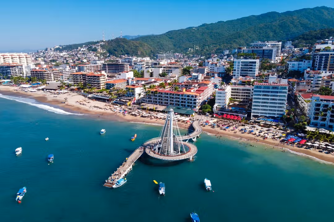 Aerial shot of yachts and boats anchored in Banderas Bay, Puerto Vallarta